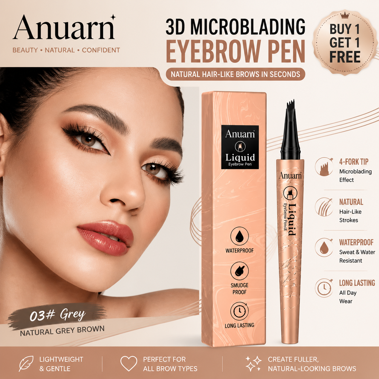 Anuarn 3D Microblading Eyebrow Pen | Waterproof Natural Brows | Buy 1 Get 1 Free