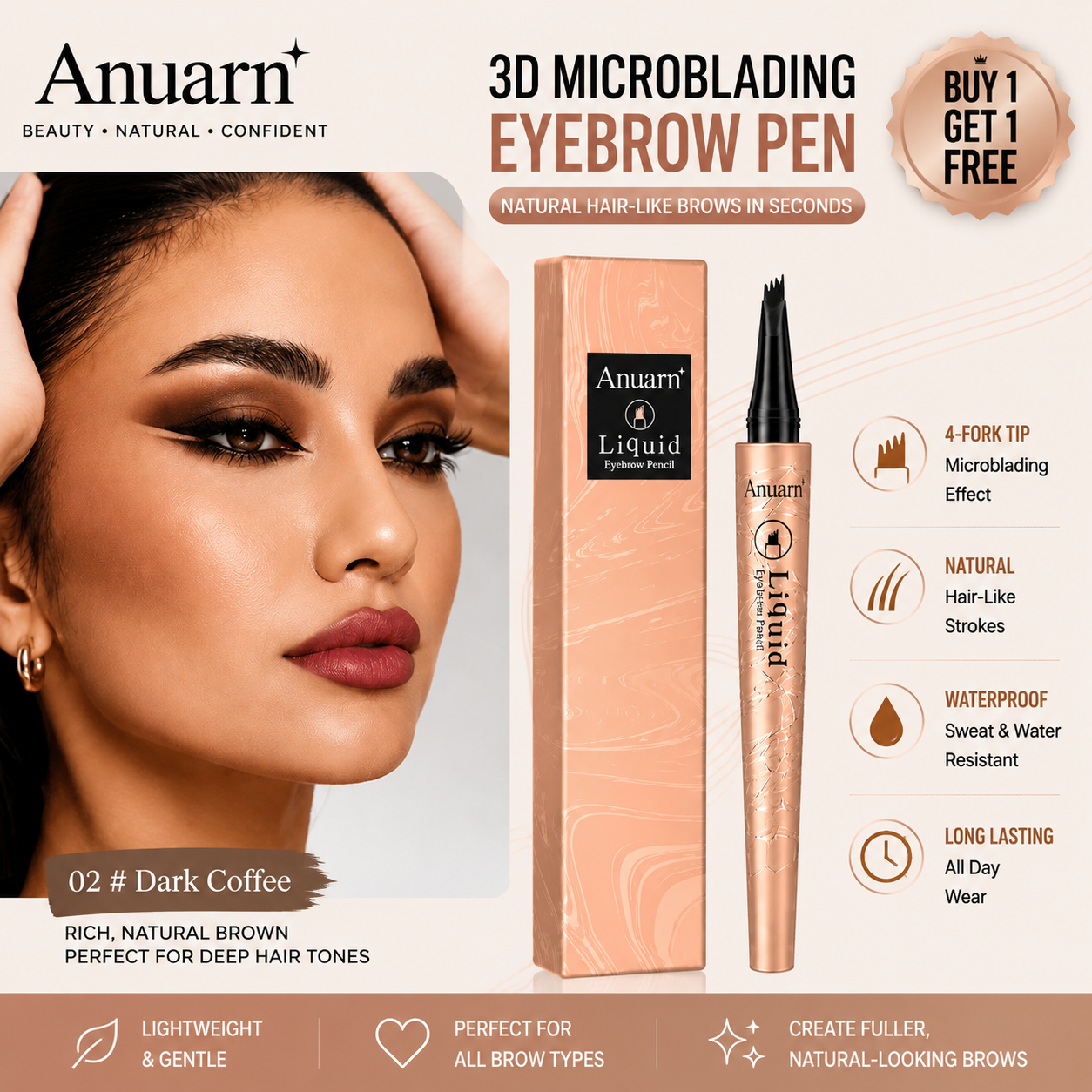 Anuarn 3D Microblading Eyebrow Pen | Waterproof Natural Brows | Buy 1 Get 1 Free